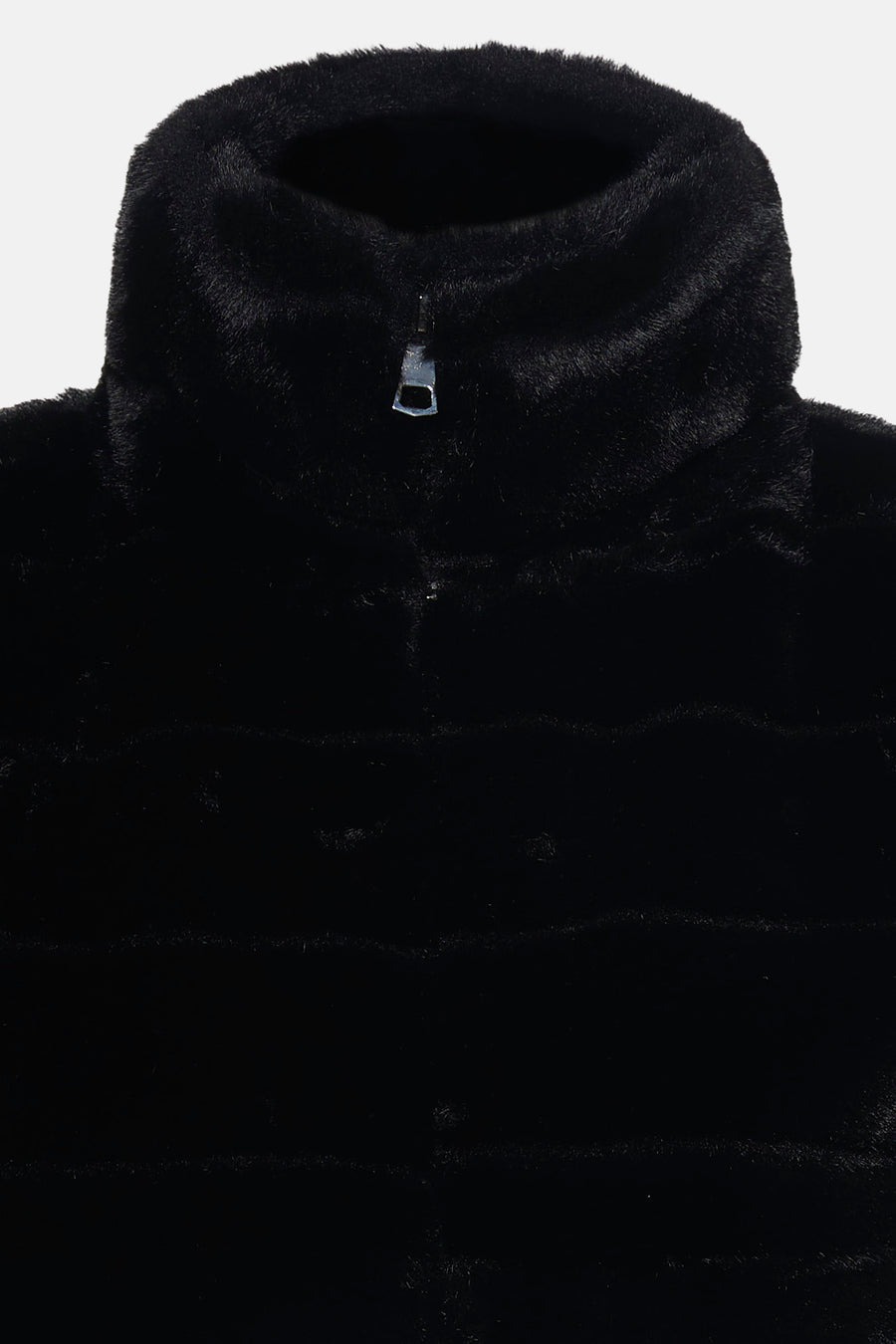 Veste sans manches noire en fausse fourrure de Access®, avec col montant zippé et bandes horizontales.