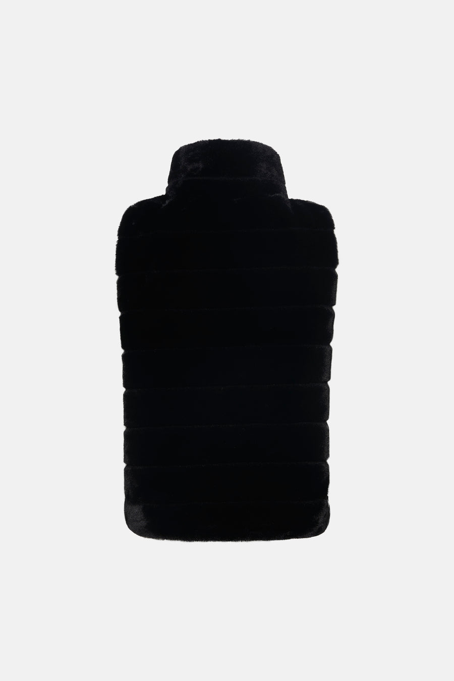Veste sans manches noire d'Access® en fausse fourrure avec col montant et bandes horizontales, vue de dos.