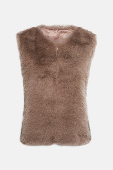 Veste sans manches beige de Access®, en fausse fourrure avec une fermeture éclair apparente.

