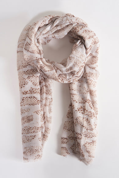 Beige Access® sjaal, slangenprint en fijne zilveren pailletten, crêpe stof.