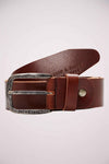 Ceinture marron en cuir par ACCESSORIES BY JACK & JONES, boucle argentée vieillie avec logo de la marque.