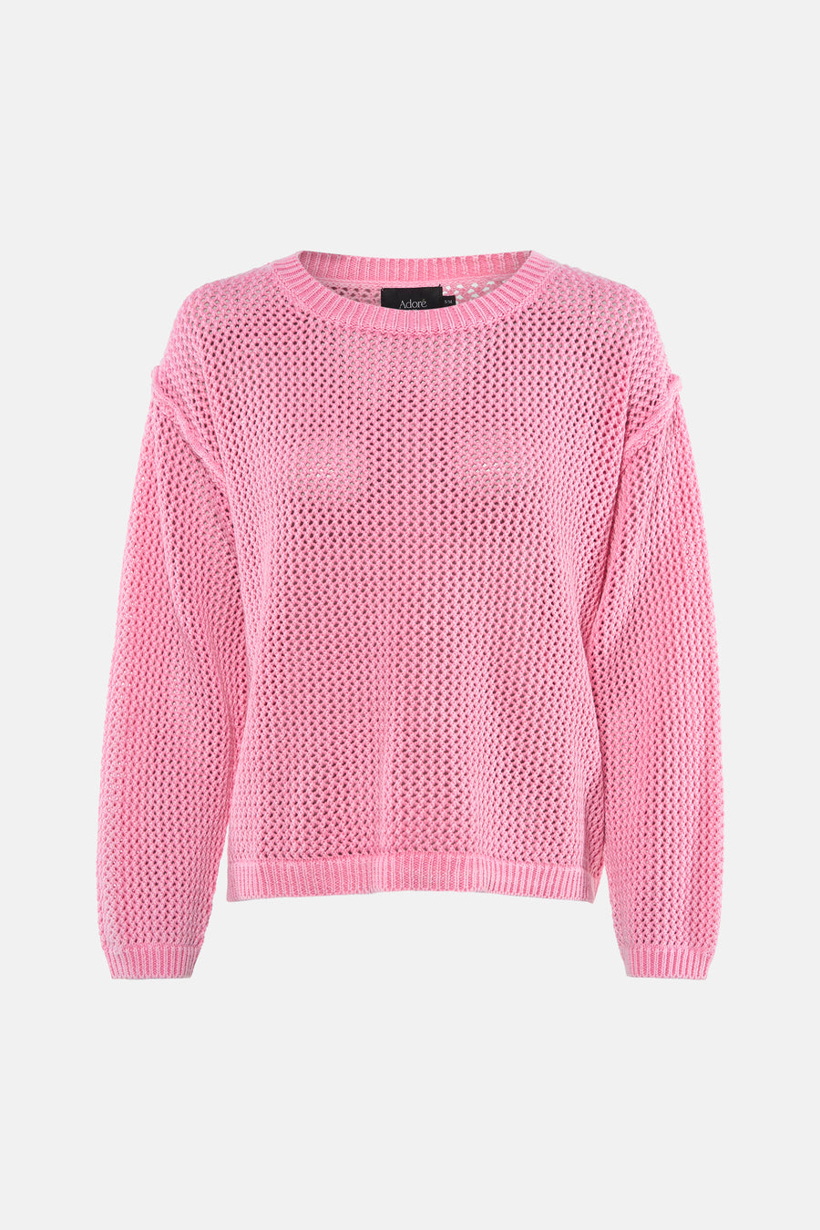 Pull rose à col rond par ADORE, en maille ajourée texturée, coupe décontractée.

