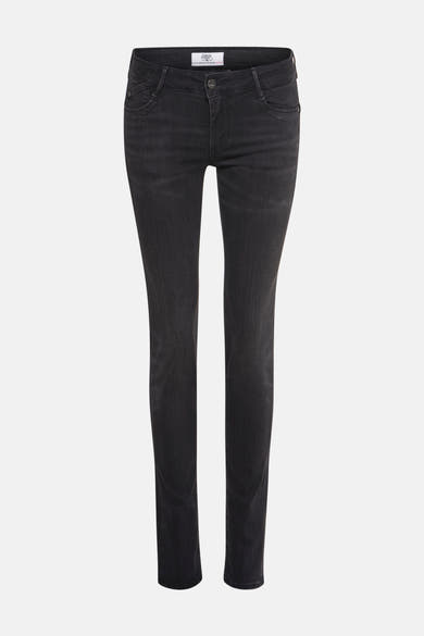 Jean slim noir en denim by Le Temps des Cerises, coupe ajustée et délavée.