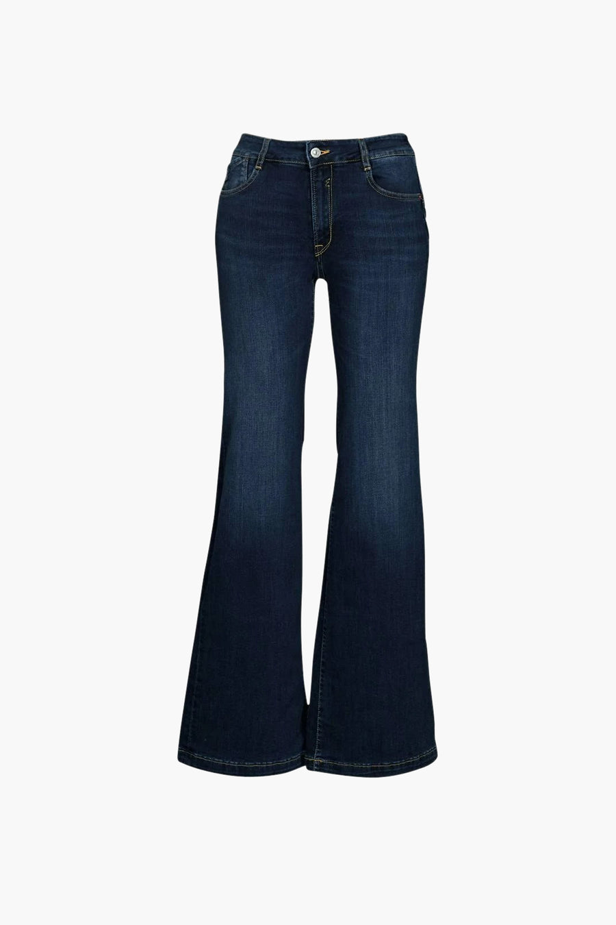 Jean évasé bleu de Le Temps des Cerises, en denim délavé, avec coutures contrastantes.
