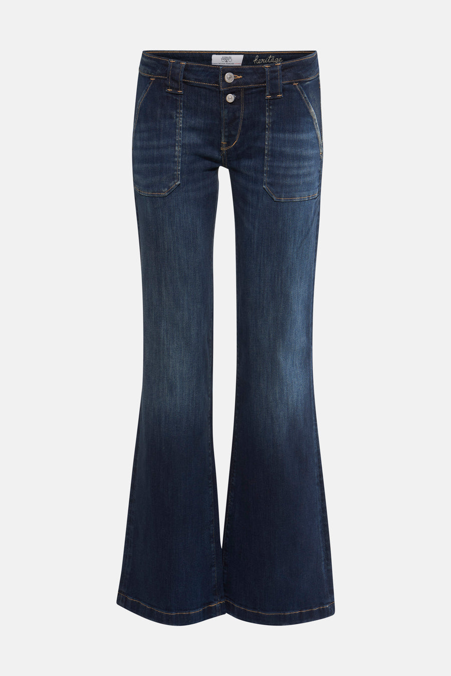 Jean évasé en denim bleu foncé de Le Temps des Cerises avec des poches plaquées.