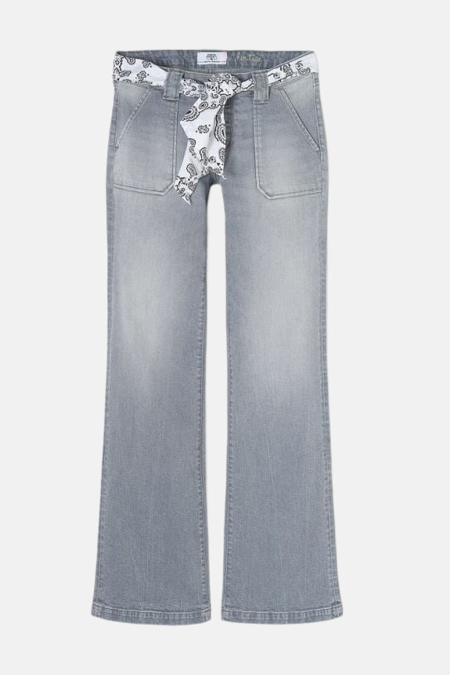 Wijde spijkerbroek in lichtgrijs denim van Le Temps des Cerises, met sjaalriem met patroon.