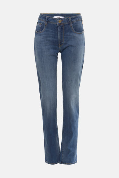 Rechte spijkerbroek in middinblauw denim van Le Temps des Cerises, met achterzak en contrasterende stiksels.