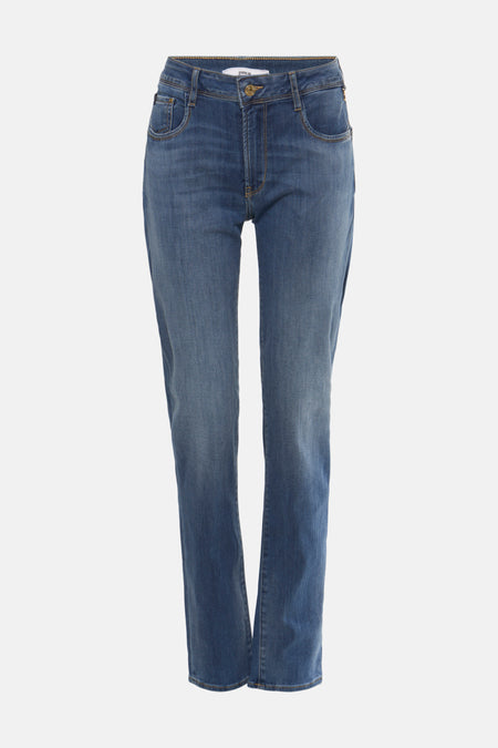 Rechte spijkerbroek in middinblauw denim van Le Temps des Cerises, met achterzak en contrasterende stiksels.