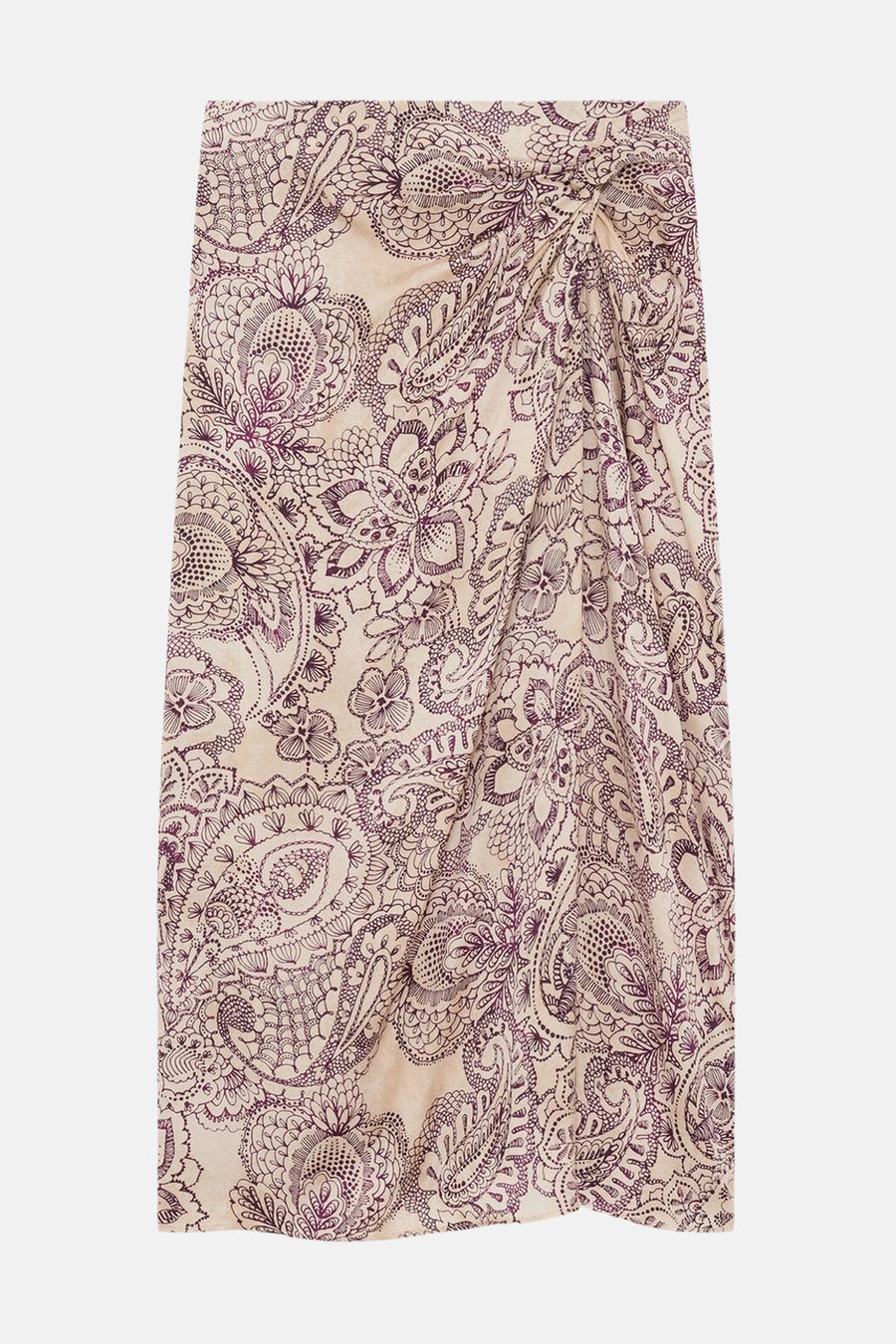 Jupe 3/4 multicolore de CAROLL, avec un motif cachemire sur toute la surface et un effet noué.

