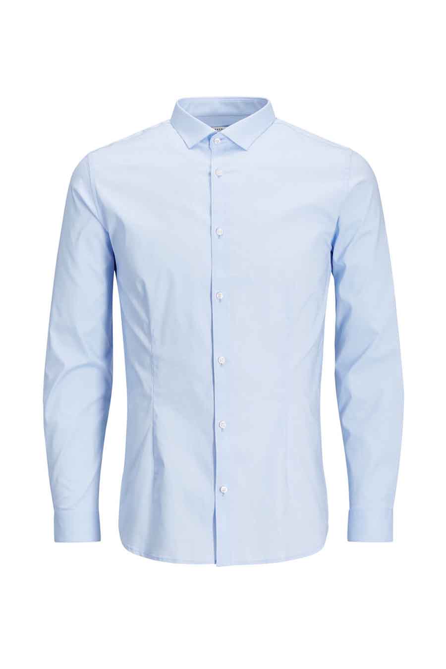 Blauw overhemd met lange mouwen van PREMIUM by JACK & JONES, volledig geknoopt.