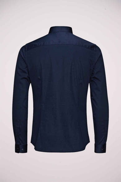Chemise à manches longues bleue de PREMIUM by JACK & JONES, vue de dos avec col et poignets boutonnés.