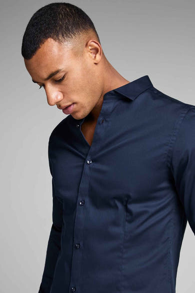 Blauw overhemd met lange mouwen van PREMIUM by JACK & JONES, met een slim fit en een klassieke kraag.