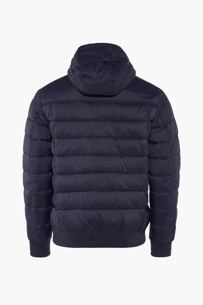 Veste courte bleue de LYLE & SCOTT avec capuche et matelassage horizontal, vue de dos.