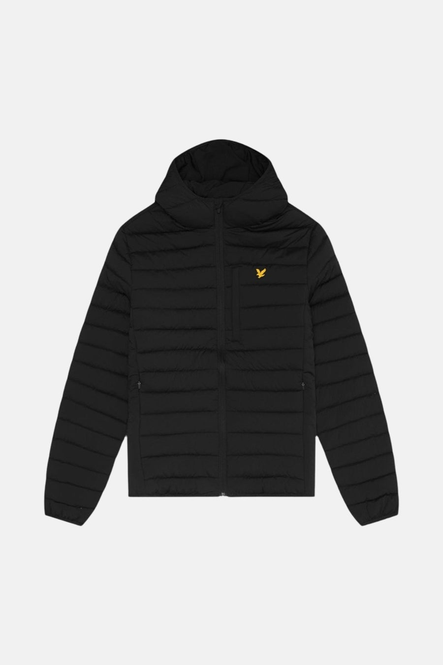 Veste de pluie noire de LYLE & SCOTT avec une capuche et un motif matelassé horizontal.