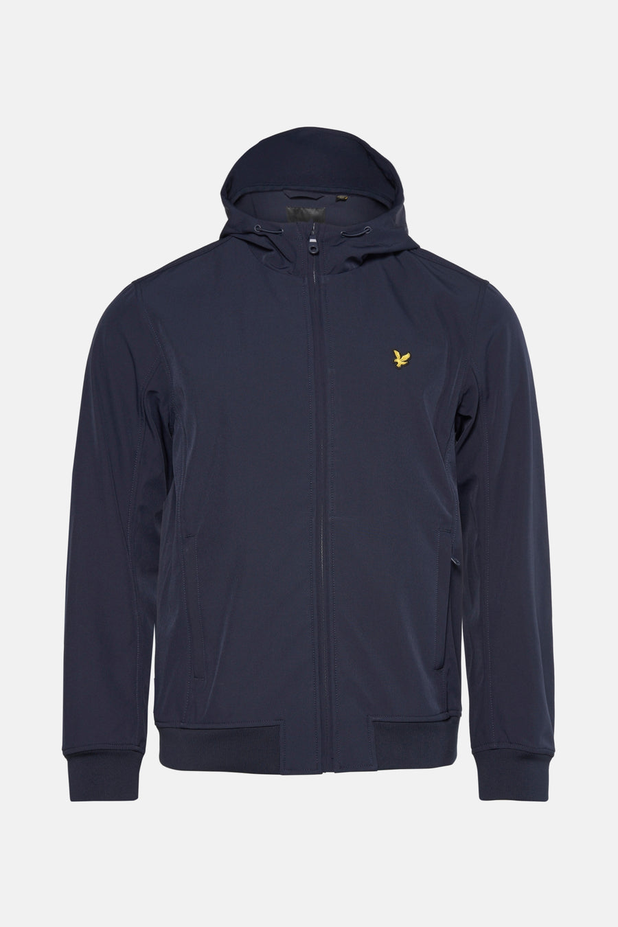 Blauwe regenjas van LYLE & SCOTT, met capuchon en ritssluiting op een neutrale achtergrond.