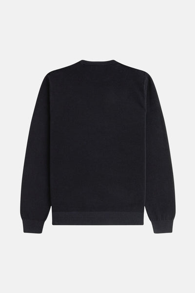 Pull à col rond noir de FRED PERRY, en maille fine, avec une coupe classique.