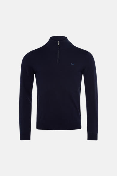 Navy blue ribbed knit turtleneck sweater with front zipper and small logo on chest, front view