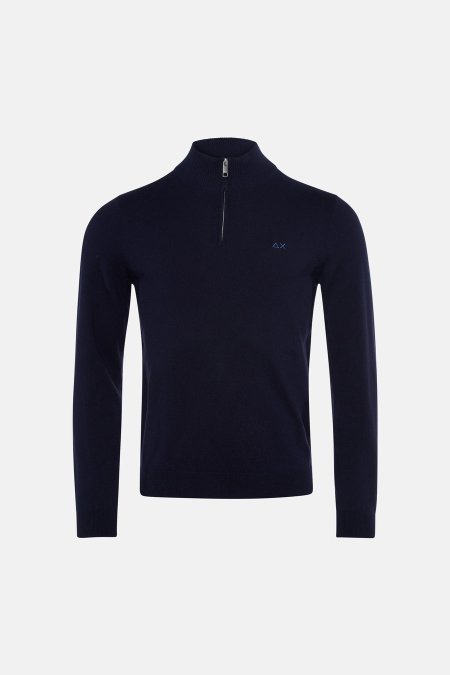 Navy blue ribbed knit turtleneck sweater with front zipper and small logo on chest, front view