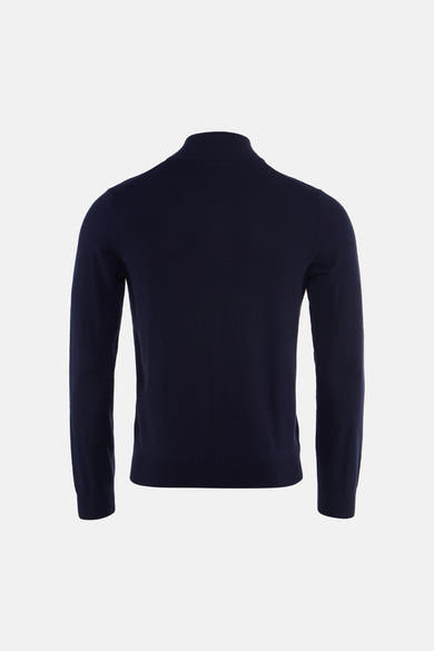 Navy blue turtleneck sweater back view, ribbed knit texture, long sleeves, clean fit
