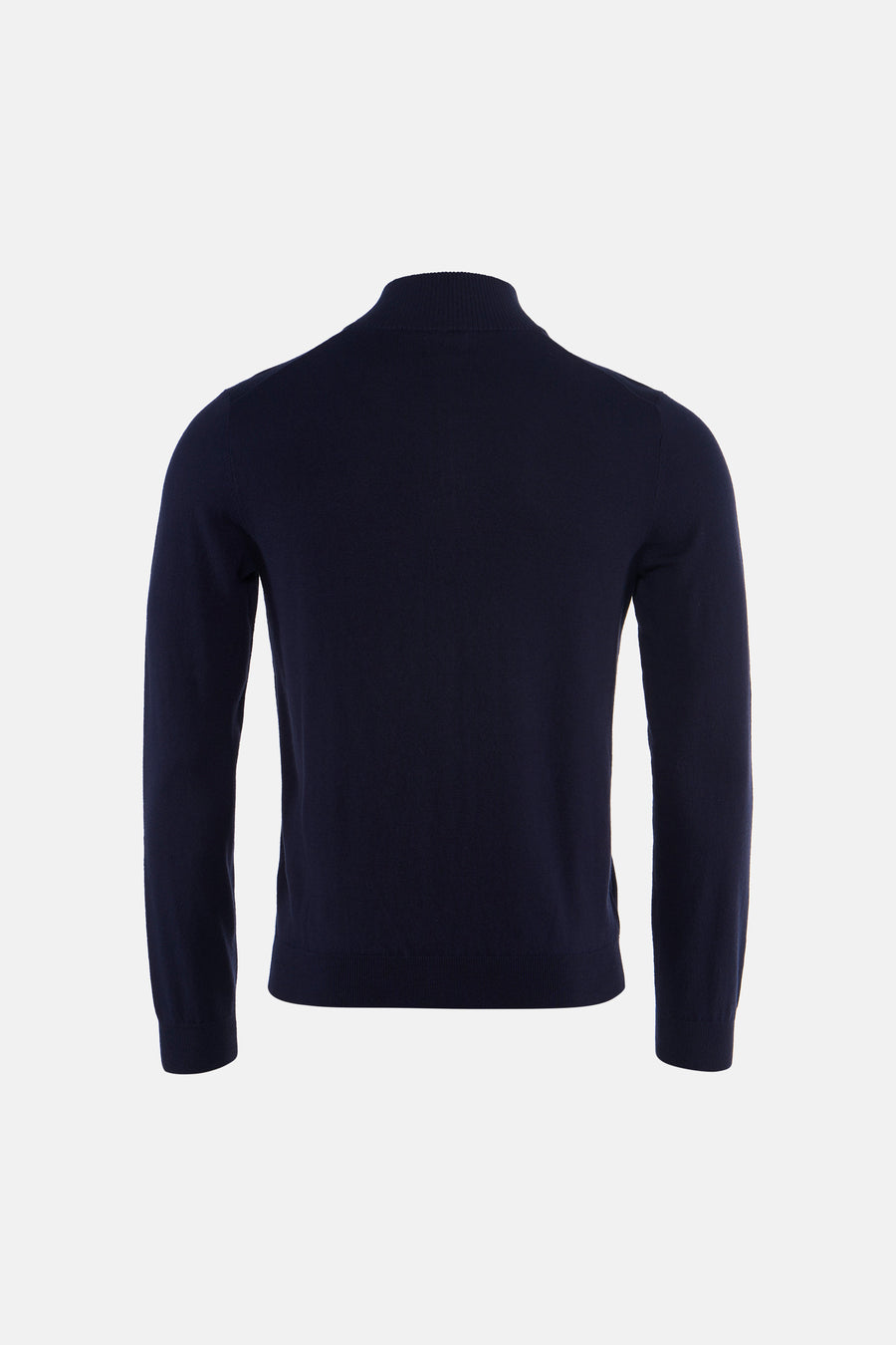 Navy blue turtleneck sweater back view, ribbed knit texture, long sleeves, clean fit