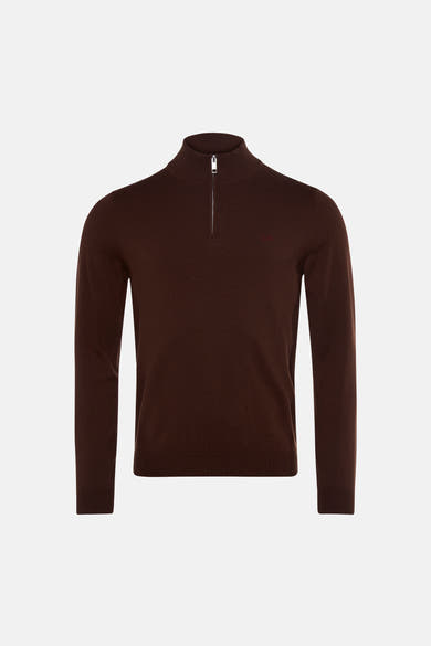 Brown ribbed knit turtleneck sweater with front zipper and small embroidered logo on chest, front view