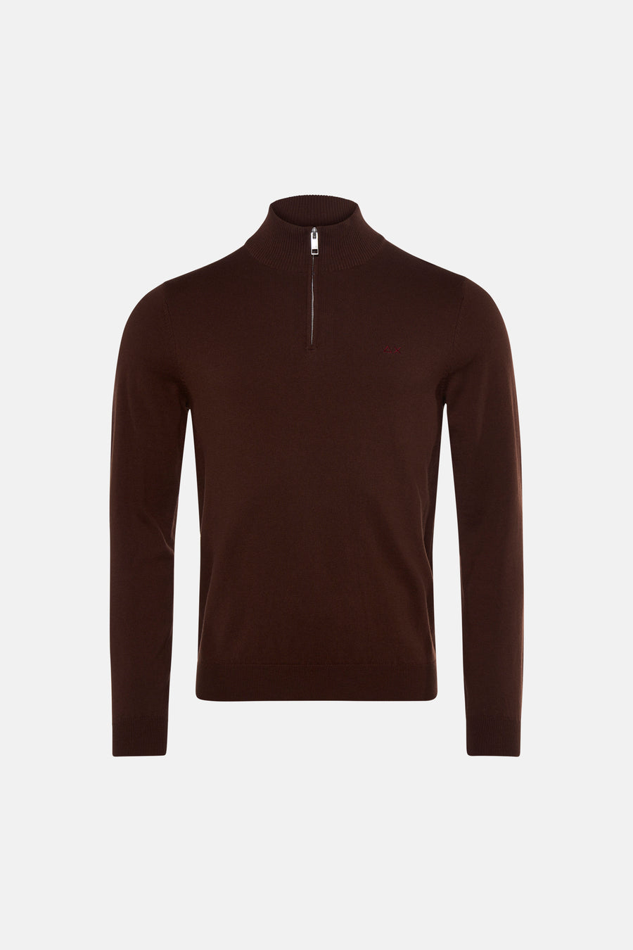 Brown ribbed knit turtleneck sweater with front zipper and small embroidered logo on chest, front view