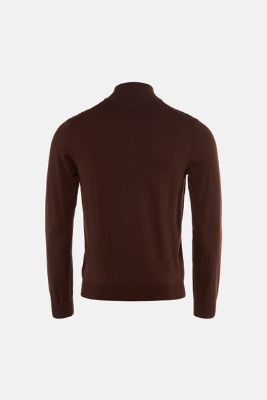Brown turtleneck sweater back view, ribbed knit texture, long sleeves, solid color, fitted cut