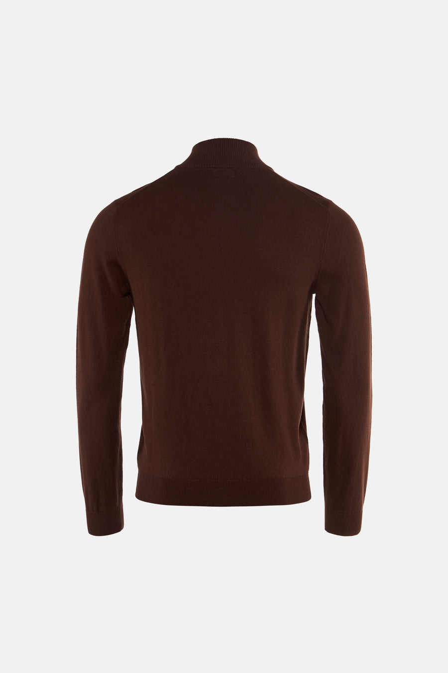 Brown turtleneck sweater back view, ribbed knit texture, long sleeves, solid color, fitted cut