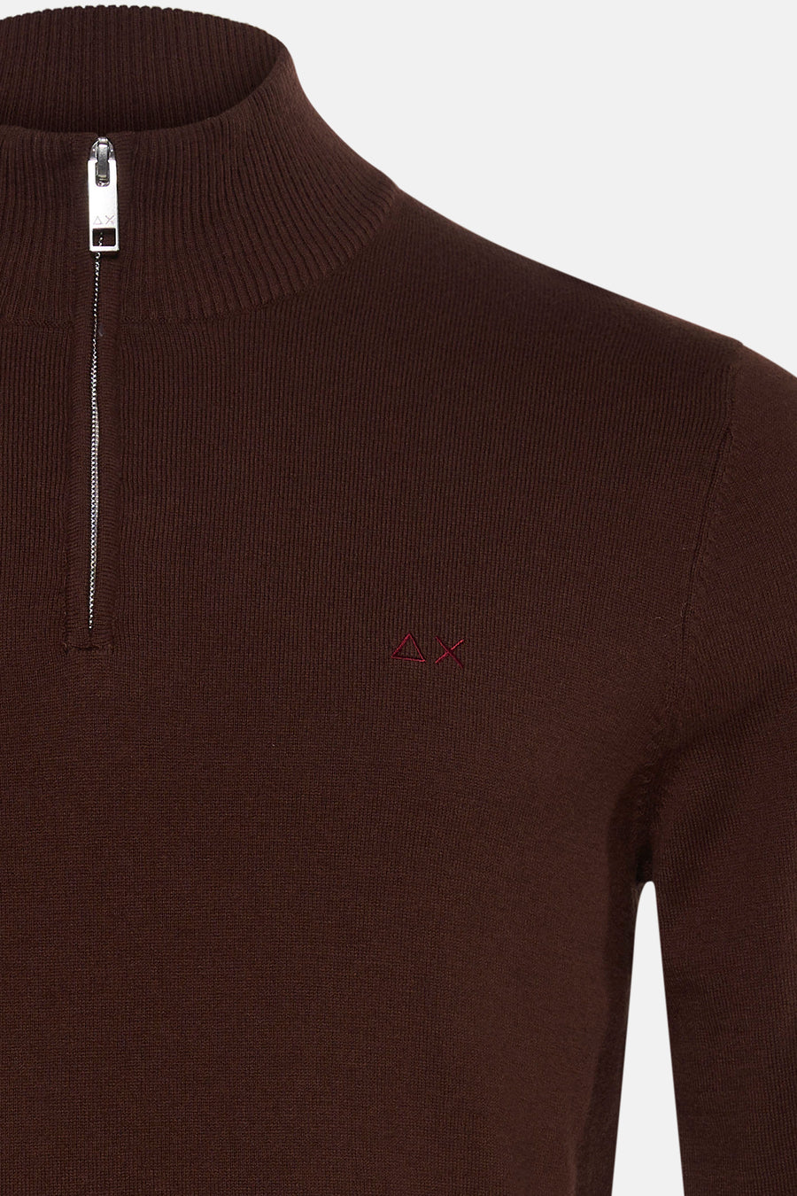 Brown ribbed knit half-zip turtleneck sweater with silver zipper and red embroidered logo on chest, close-up front view