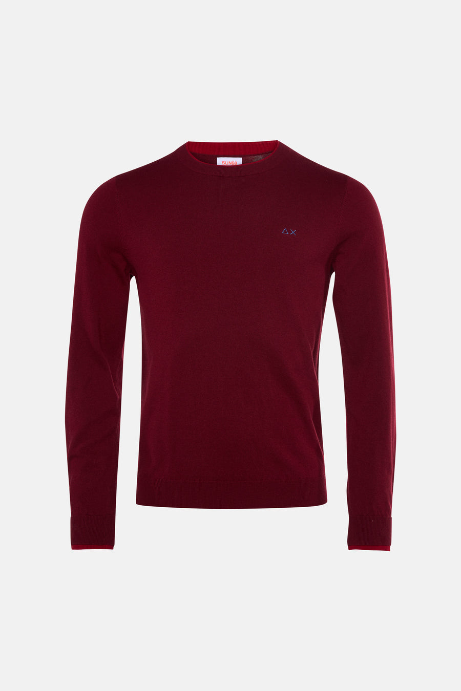 Burgundy crewneck sweater by SUN68 with subtle blue logo embroidery, ribbed cuffs and hem, front view