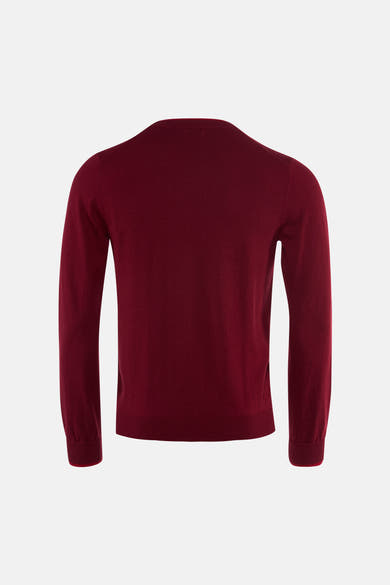 Burgundy crewneck sweater back view, ribbed cuffs and hem, smooth knit texture
