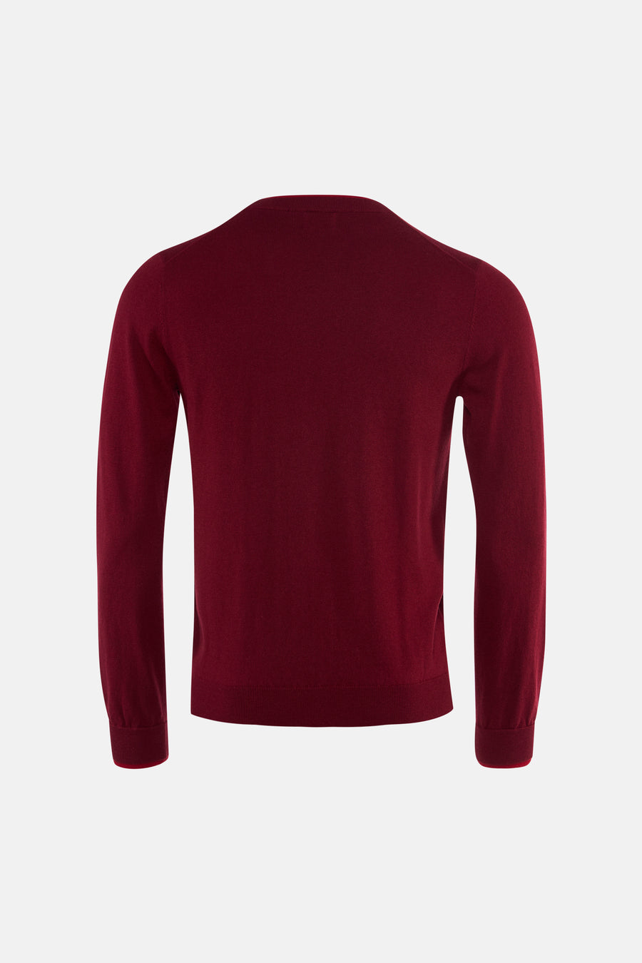 Burgundy crewneck sweater back view, ribbed cuffs and hem, smooth knit texture