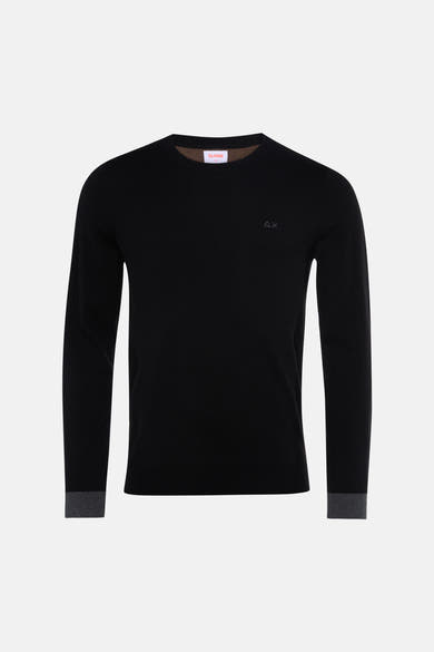 Black crewneck sweater by SUN68 with ribbed cuffs and minimal logo on chest, front view