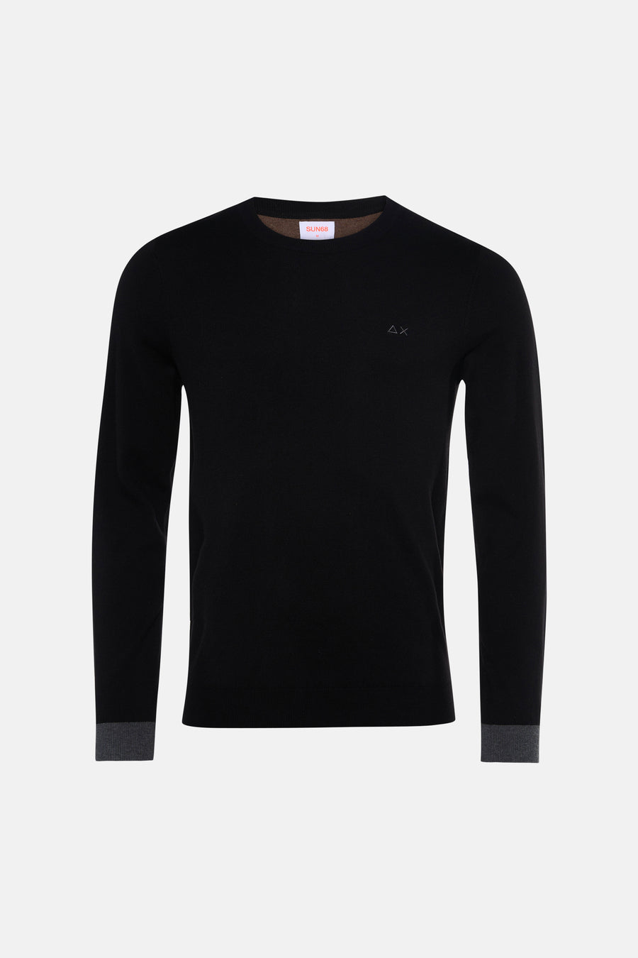 Black crewneck sweater by SUN68 with ribbed cuffs and minimal logo on chest, front view