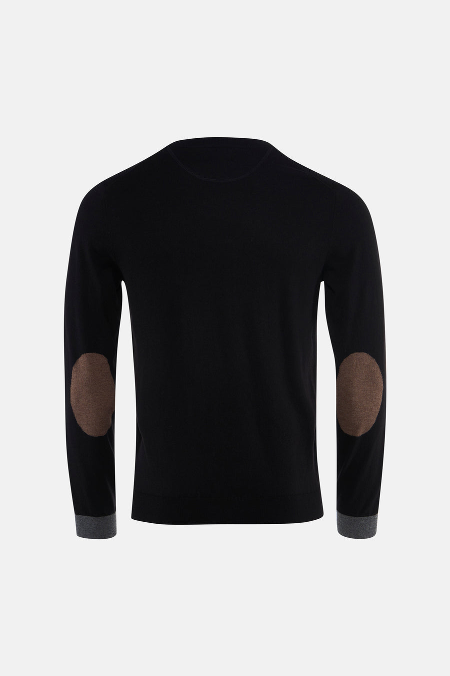 Black crewneck sweater with brown elbow patches and gray ribbed cuffs, back view