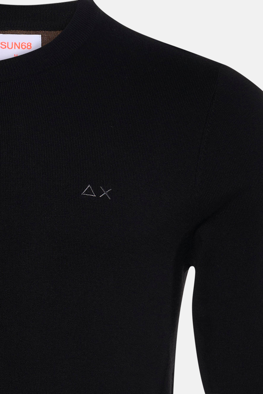 Black ribbed crewneck sweater by SUN68 with small silver triangle and cross embroidery on chest, close-up front view