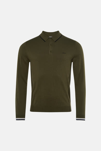 Khaki ribbed knit polo sweater with black collar trim and small logo, front view