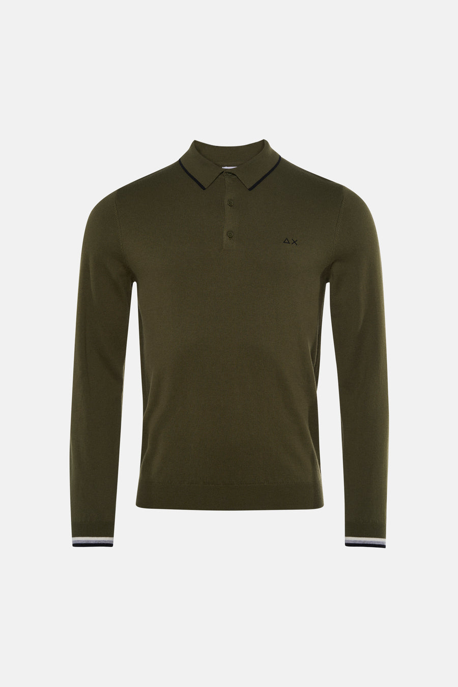 Khaki ribbed knit polo sweater with black collar trim and small logo, front view