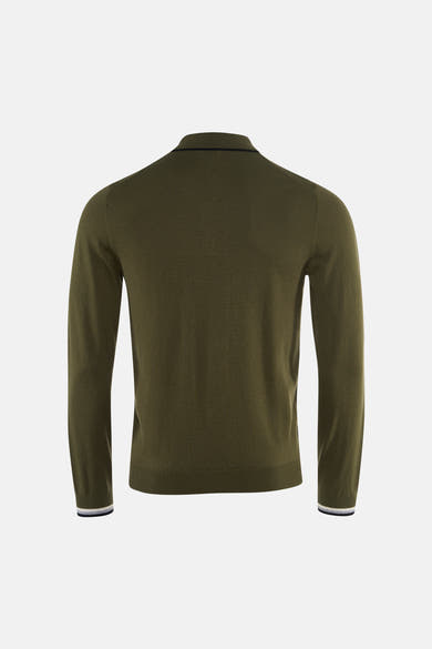 Khaki ribbed knit turtleneck sweater back view with navy and white striped cuffs