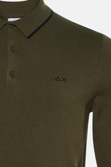 Khaki ribbed knit turtleneck sweater by Armani Exchange, featuring navy collar trim and small embroidered logo on chest, close-up front view