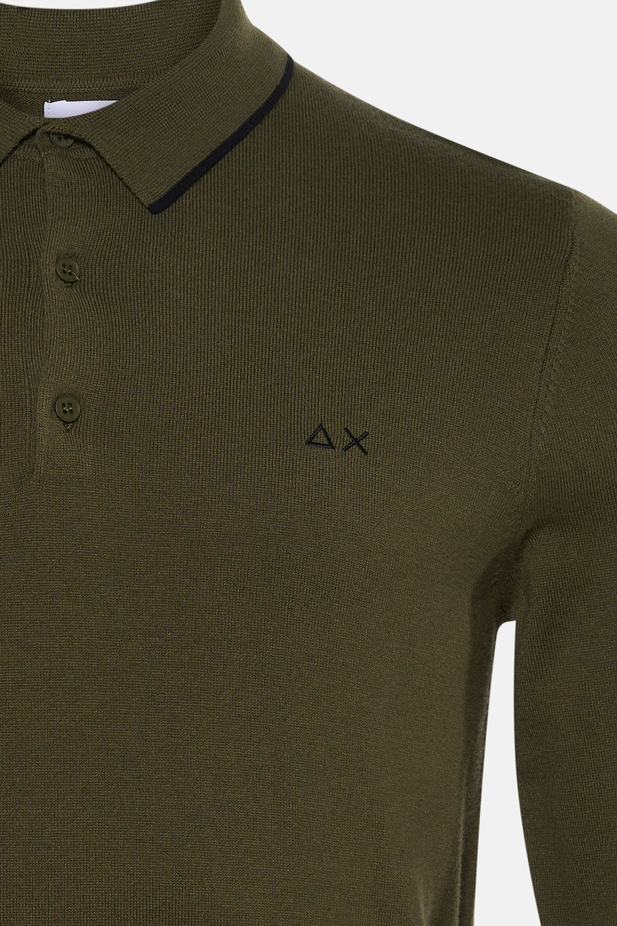 Khaki ribbed knit turtleneck sweater by Armani Exchange, featuring navy collar trim and small embroidered logo on chest, close-up front view