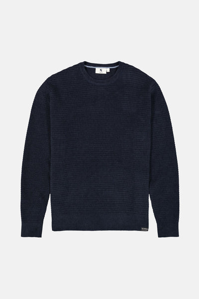 Ronde hals trui blauw van GARCIA, met wafelstructuur en discreet label aan de onderkant.