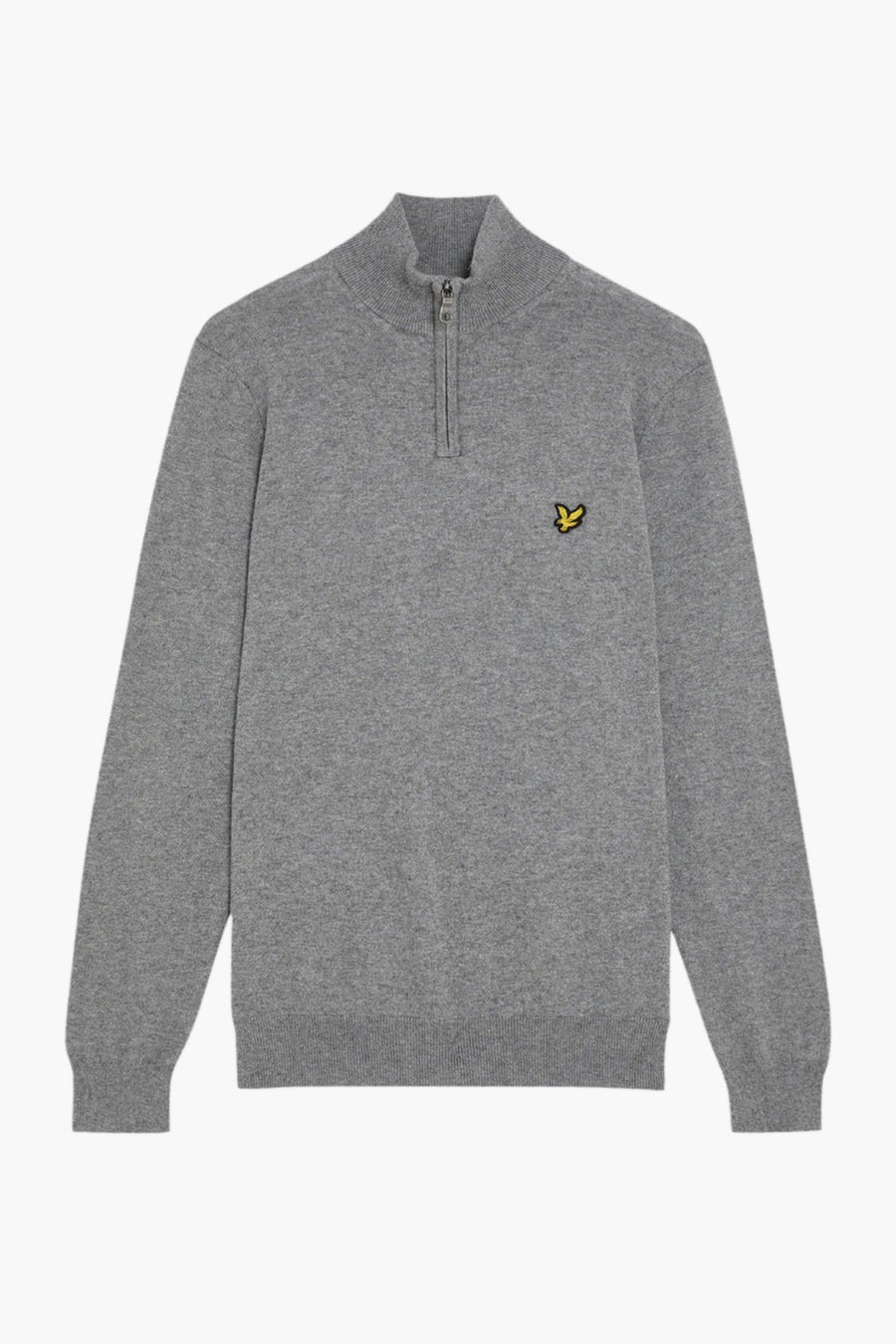 Grijze coltrui van LYLE & SCOTT met ritssluiting en geborduurd logo op de borst.