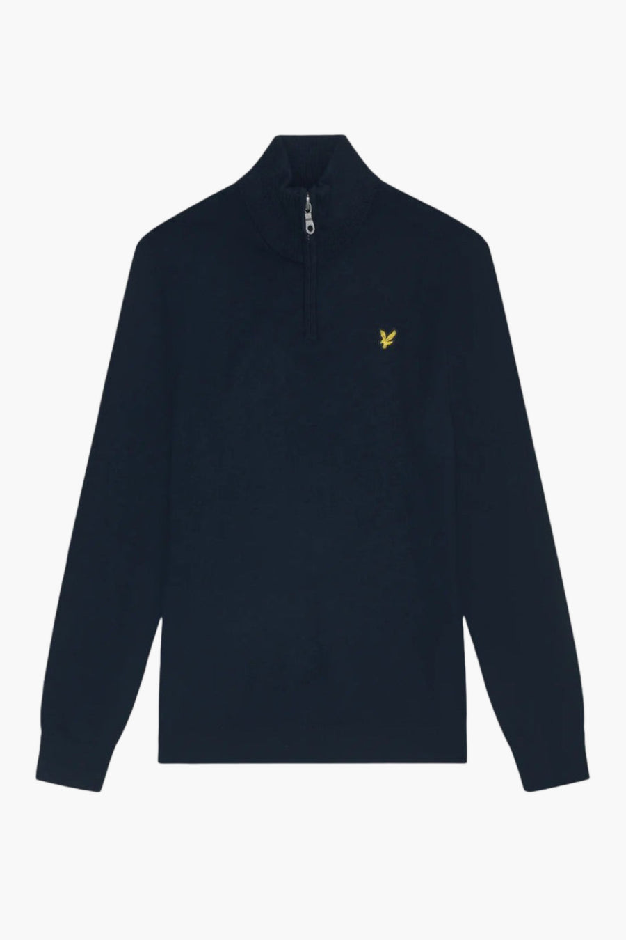 Pull à col roulé bleu marine de LYLE & SCOTT, avec un col zippé et le logo de la marque brodé.
