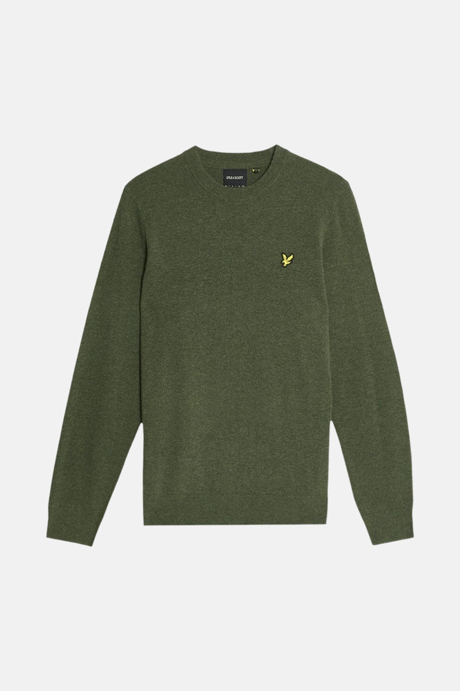 Groene trui met ronde hals van LYLE & SCOTT, met geborduurd geel logo op de borst.