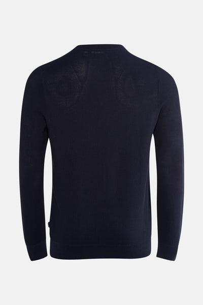Pull bleu à col rond de LYLE & SCOTT, en maille côtelée, vue de dos.