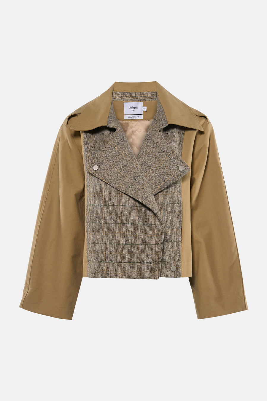 Veste courte beige de ADORE, avec empiècement à carreaux et coupe asymétrique.