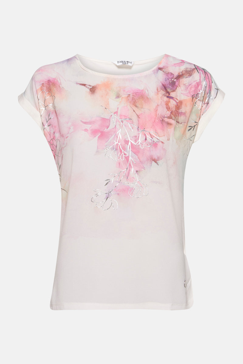 T-shirt à manches courtes blanc de Zabaione, imprimé floral rose et détails argentés.