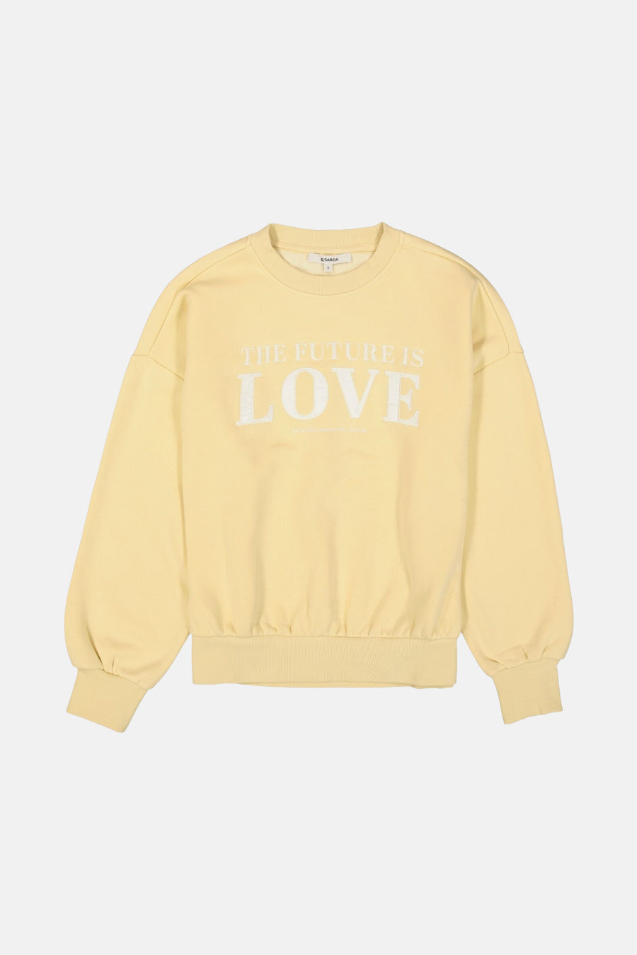 Sweat jaune col rond de GARCIA, imprimé avec « The Future is Love » sur le devant.