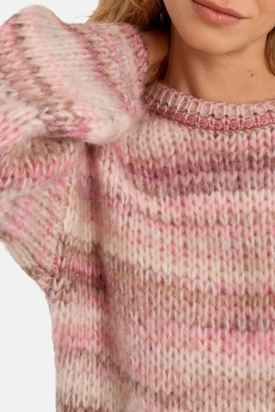Multicolored chunky knit O-neck sweater with soft pink, beige, and brown marled stripes, close-up front view